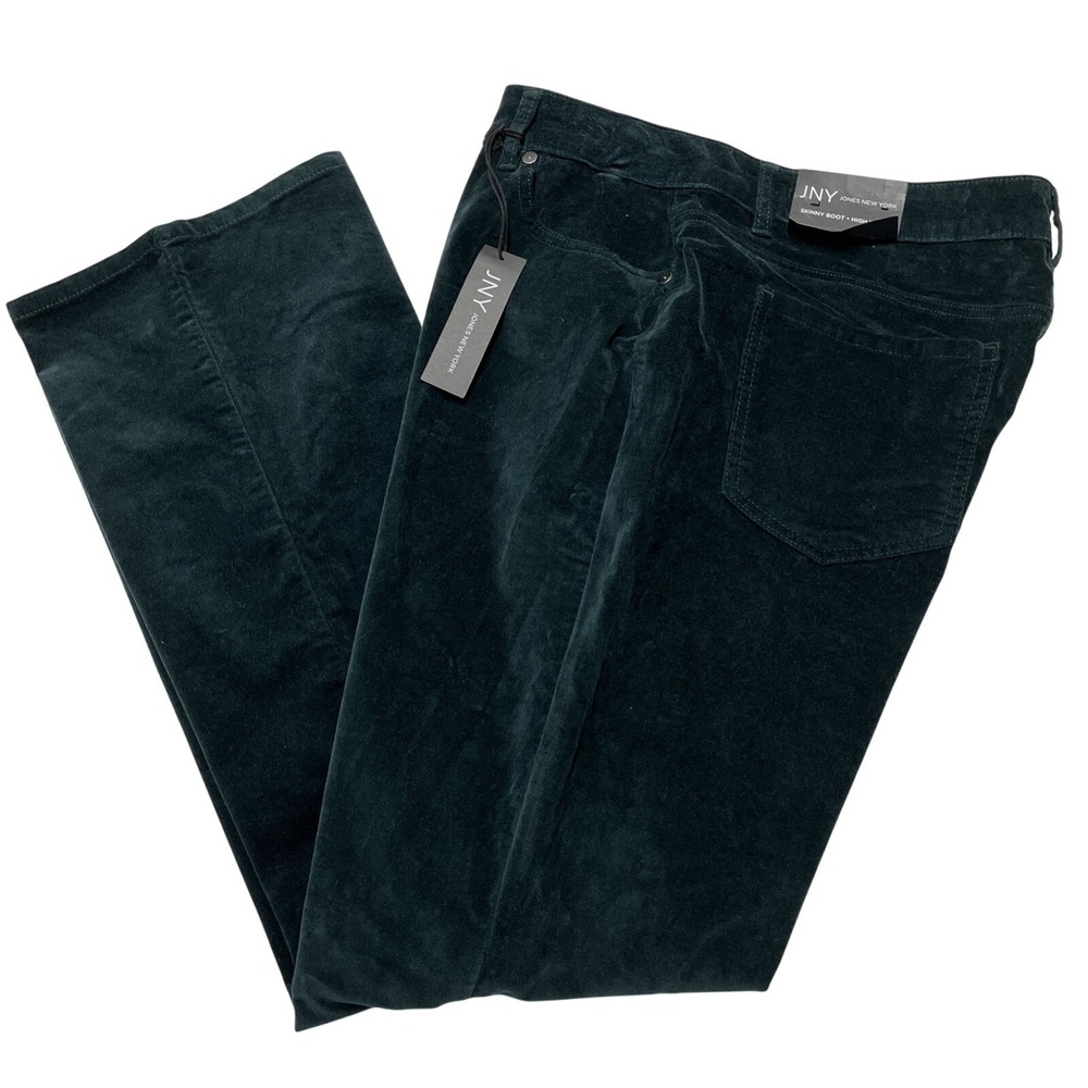 Jones New York Pants Women‎ 16 Green Velour Skinny Boot Cut High Waist Holiday